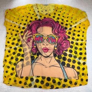Seemore Pop Art Y2K Graphic Polka Dot Sheer Beach Cover Up Statement Top